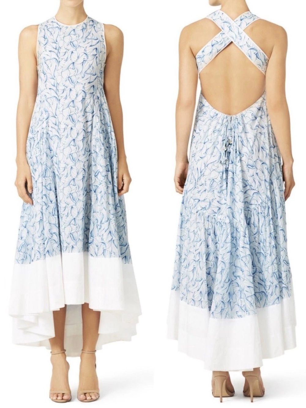 Tory Burch Light Blue Leaf-Print Cross-Back High-Low Dress - 80% OFF MSRP